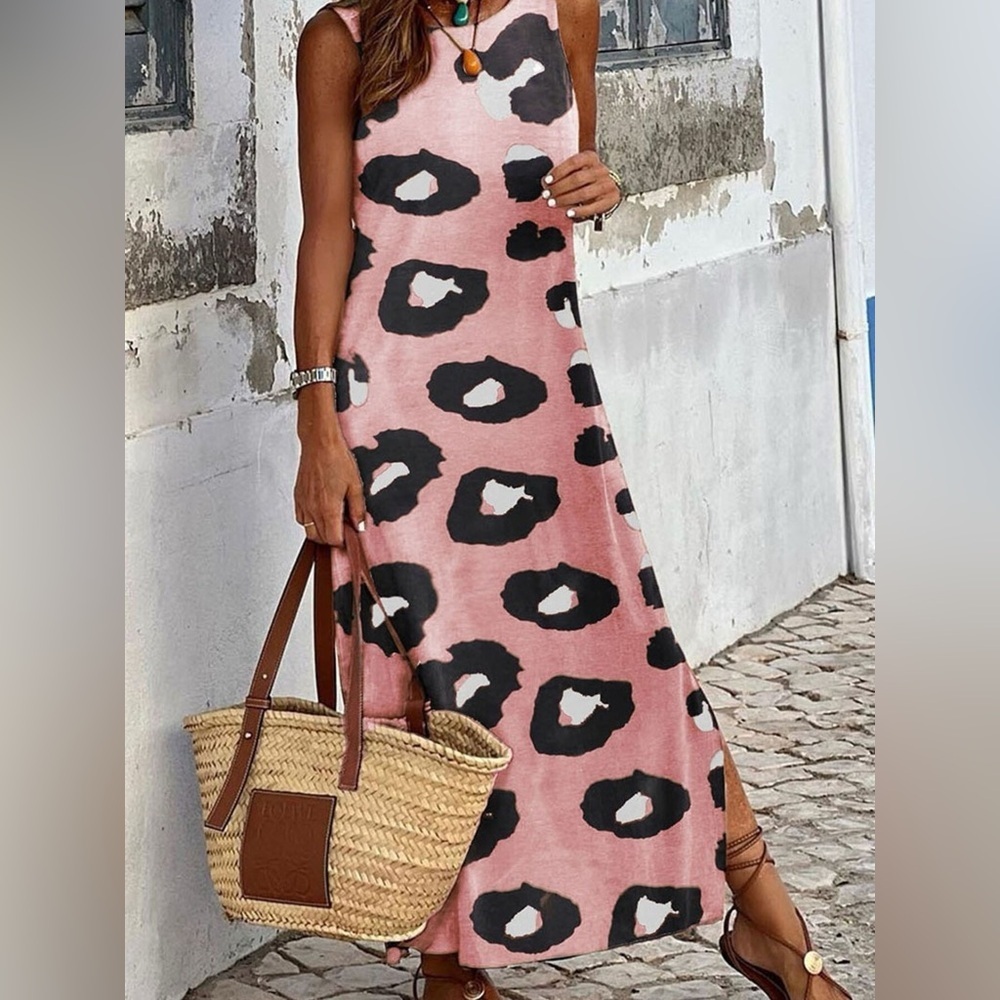Slit Leopard Sleeveless Maxi Dress
